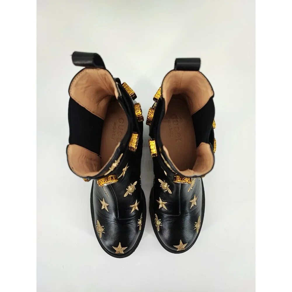 Gucci Bee & Star Embroidered Women's Size 7.5 US Leather Black Ankle Boots - Picture 4 of 9